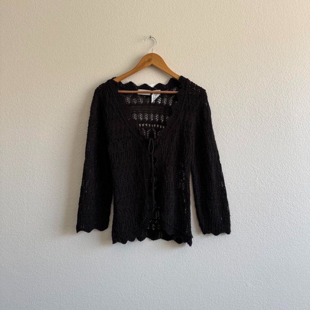 Vintage White Stag Crochet Knit Tie Front Cardigan Sweater size Medium